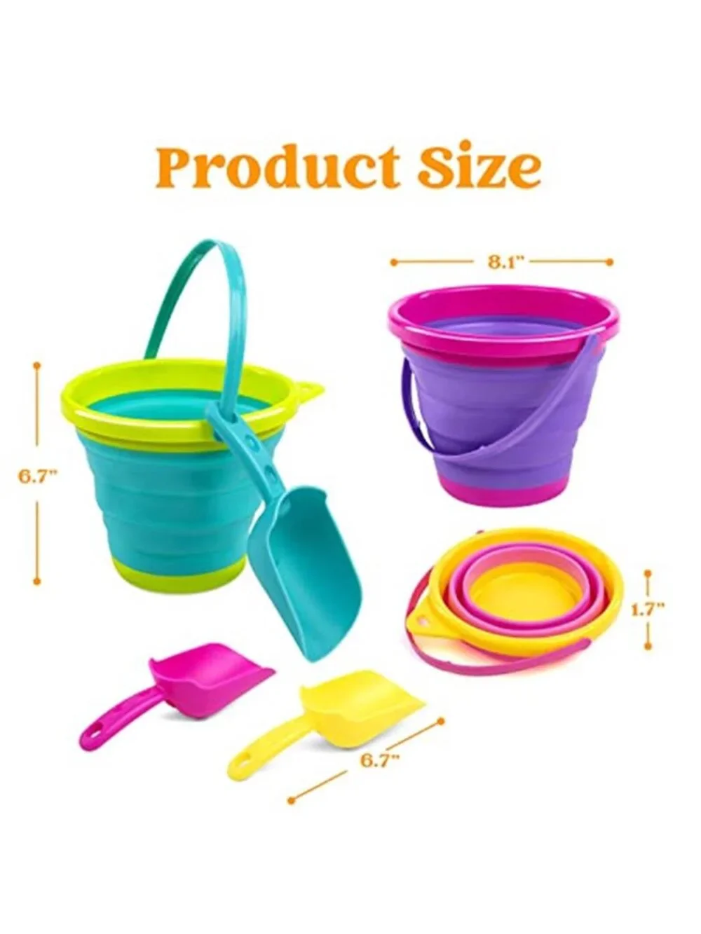 Foldable Beach Bucket Set - 3 Packs Collapsible Toy Buckets with Shovels